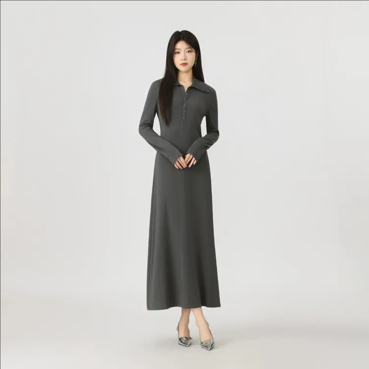 GIRDEAR/哥弟秋季高弹力袖翻领连衣裙气质打底显瘦宫廷风150050