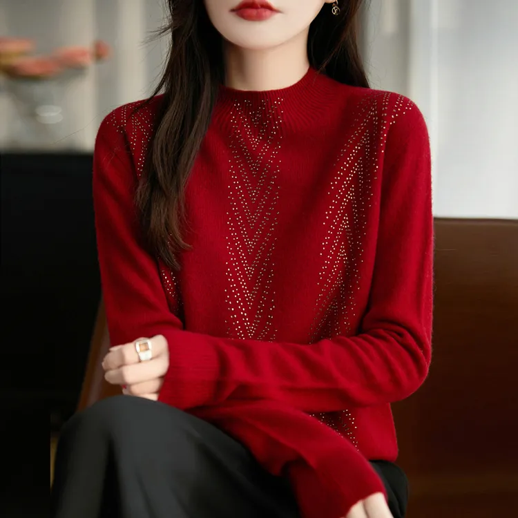秋冬新款烫钻半高领打底衫女百搭宽松显瘦洋气毛衣女长袖针织衫