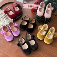 <拜年战鞋>  女童丝绒公主鞋秋冬加绒女孩毛球玛丽珍防滑保暖单鞋