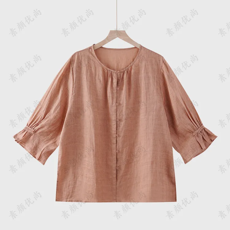 【素颜】2025夏季新款百搭提花色织麻七分袖上衣