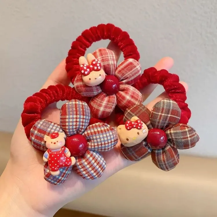 红色格纹花朵发圈儿童秋冬植绒扎发绳可爱卡通丸子头皮筋女童发饰