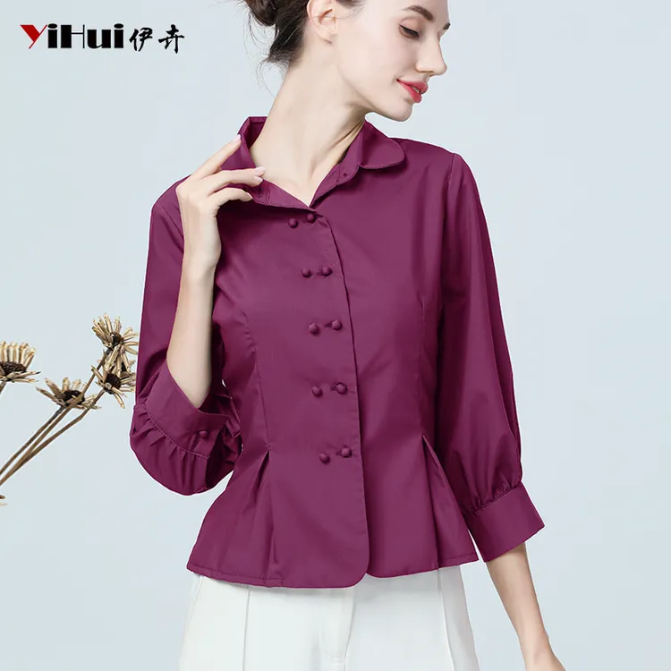 YIHUI伊卉春新款衬衫女装上衣长袖衬衣收腰修身双排扣显瘦SW6255