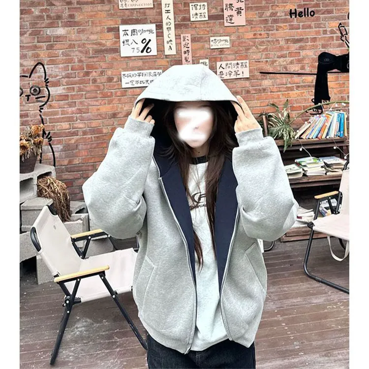 美式复古拼色开衫长袖卫衣女秋季宽松慵懒风oversize拉链连帽外套