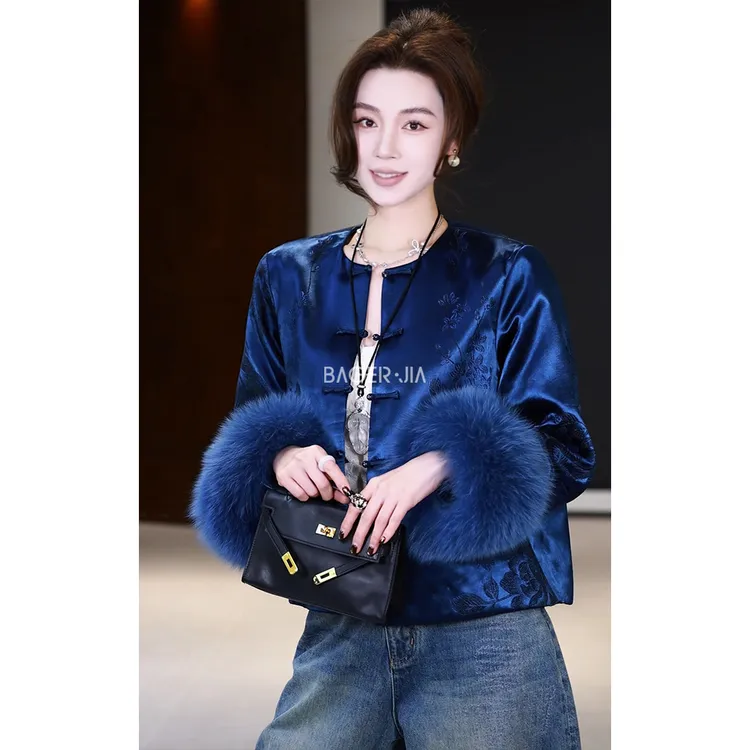 39-【传承/苍澜】宝儿家含幂BA149425412新中式织锦老缎狐狸毛外套