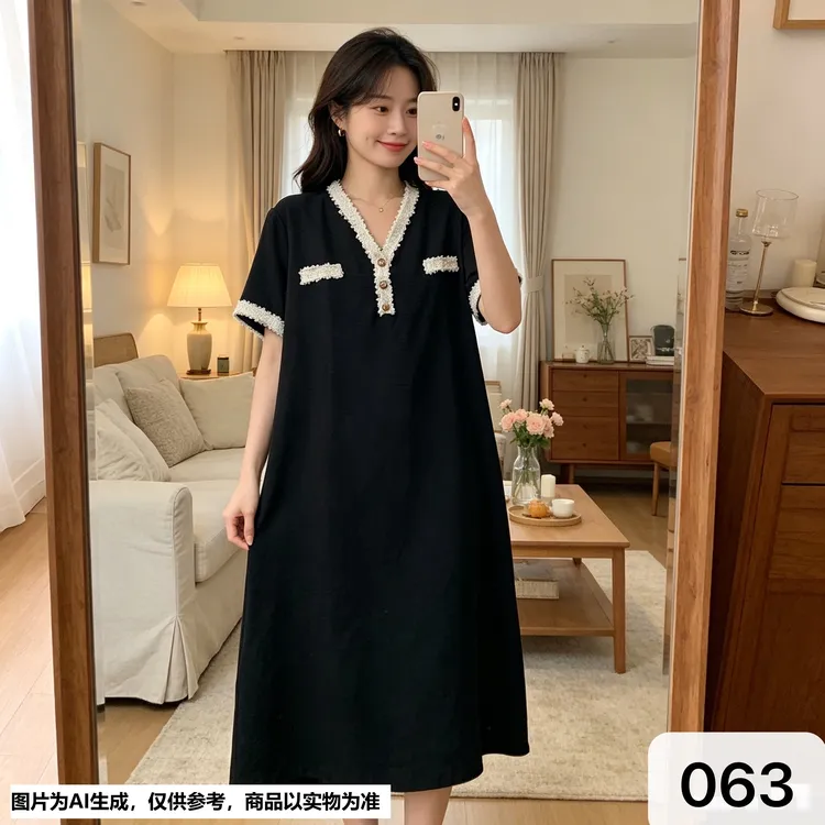 【Annie 063】春夏款小香风V领设计休闲弹性宽松大码显瘦长裙