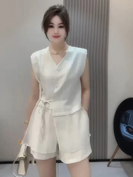 【运补6】老钱风系带V领无袖拼接上衣+高腰阔腿短款套装无袖两件套