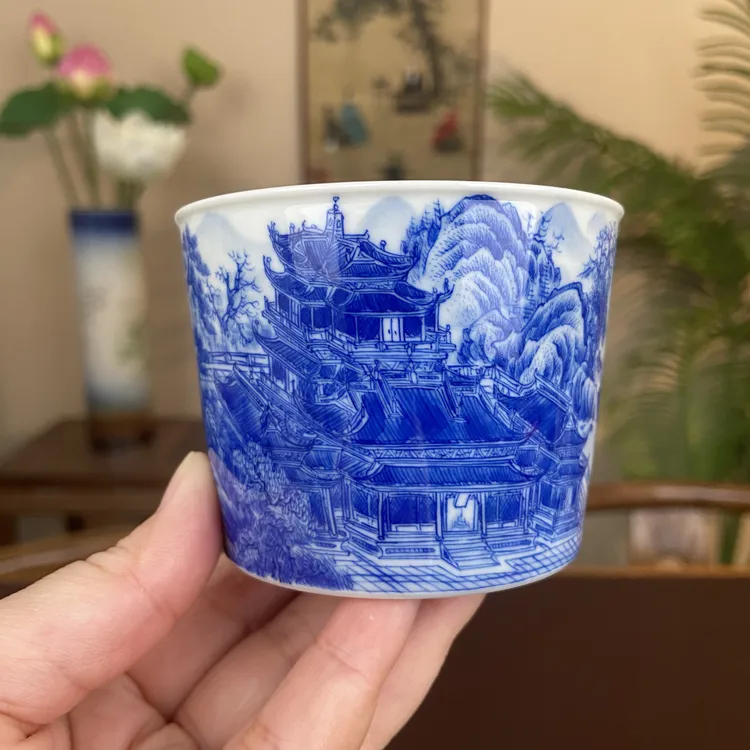 【九茗珍藏】精工山水亭台楼阁直口杯 景德镇纯手工手绘茶器茶具