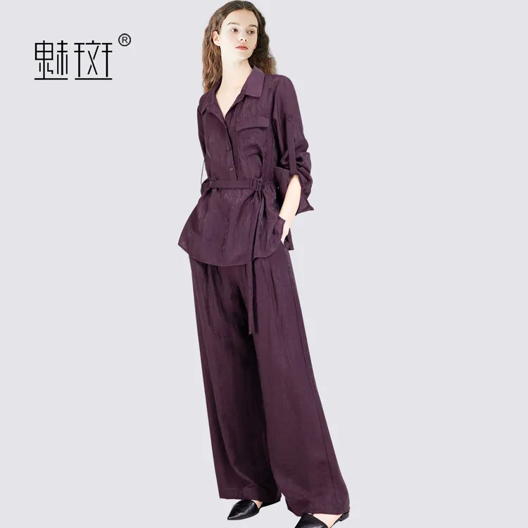 魅斑紫色长袖衬衫阔腿裤两件套女2025秋季又酷又飒的穿搭套装