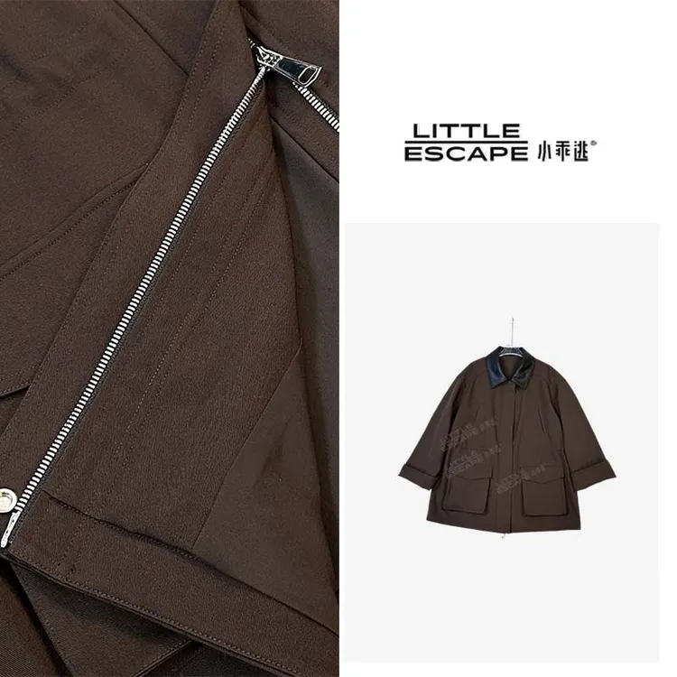 小乖逃休闲时尚咖色外套风衣黑色皮领polo大衣款式保暖S25557