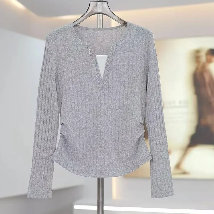 假两件拼接V领长袖针织衫女2025春秋新款褶皱收腰显瘦打底衫上衣