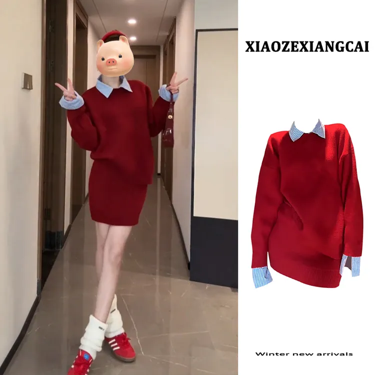 早春季女装ootd穿搭一整套新年战袍假两件红色毛衣半身裙两件套装