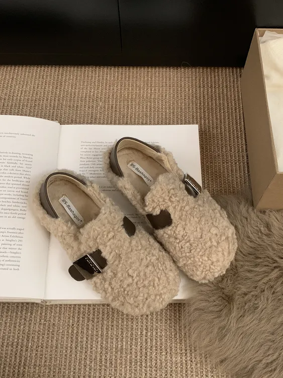 毛毛鞋女冬外穿2025新款懒人女鞋子平底懒人一脚蹬豆豆鞋加绒棉鞋