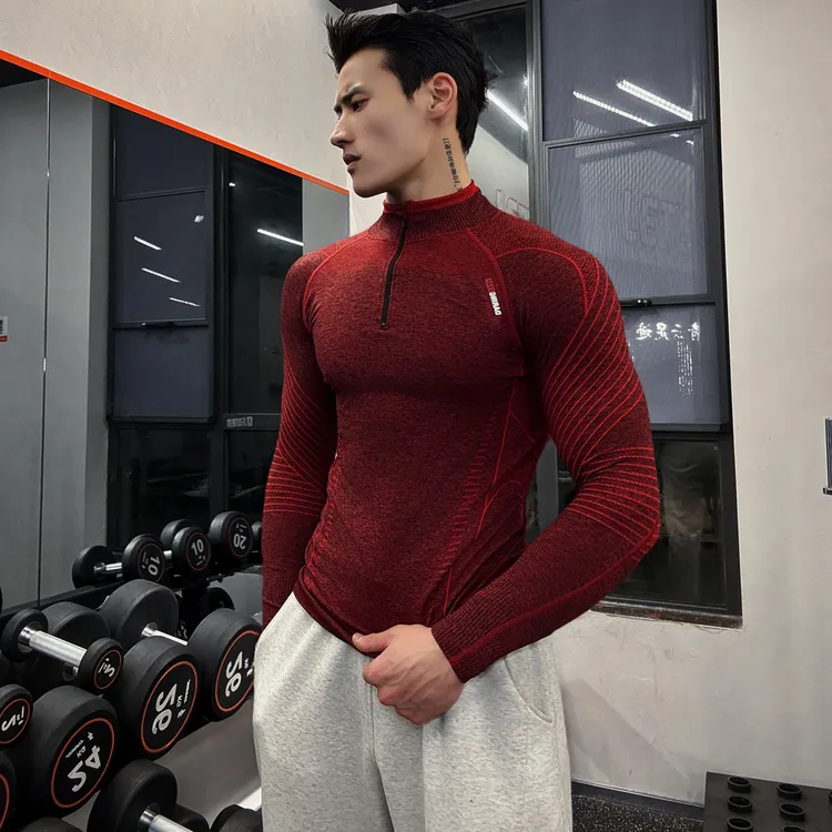 半拉链无缝提花长袖修身高弹肌肉健身训练运动篮球T恤半高领上衣