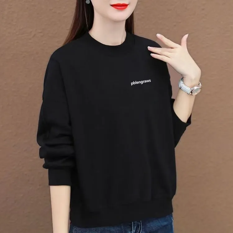 100%纯棉秋冬季黑色卫衣女款韩版宽松长袖上衣服大码休闲卫衣韩版
