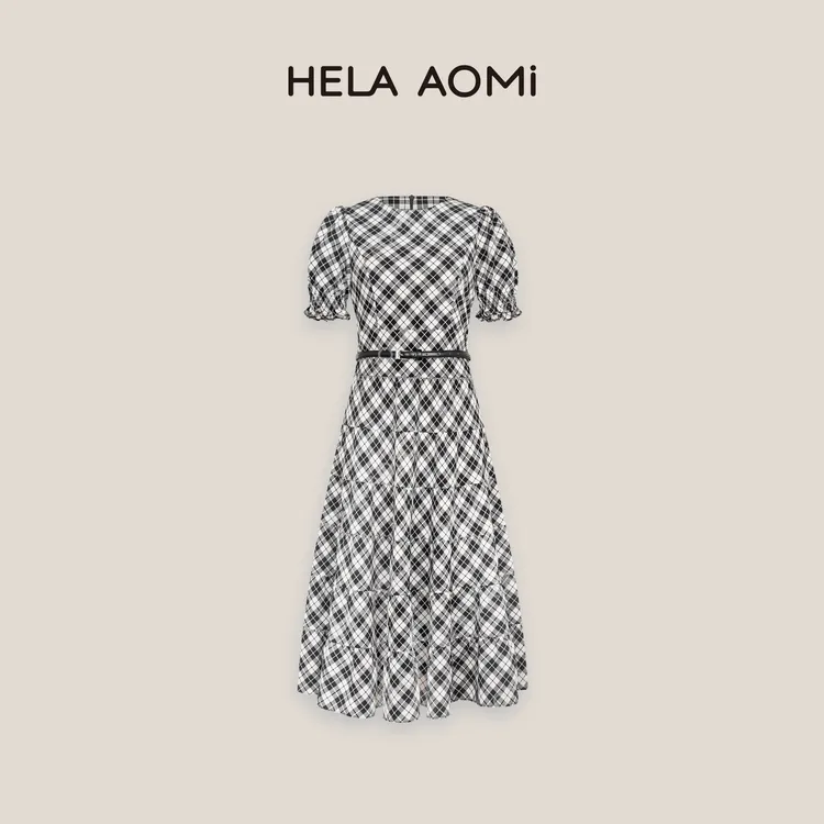 HELA AOMI“鎏光棋盘”黑白格气质大方得体中长款连衣裙CY5BH72906