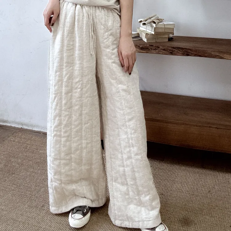 女装加棉苎麻宽松直筒裤复古百搭休闲加厚时尚松紧腰休闲裤9255