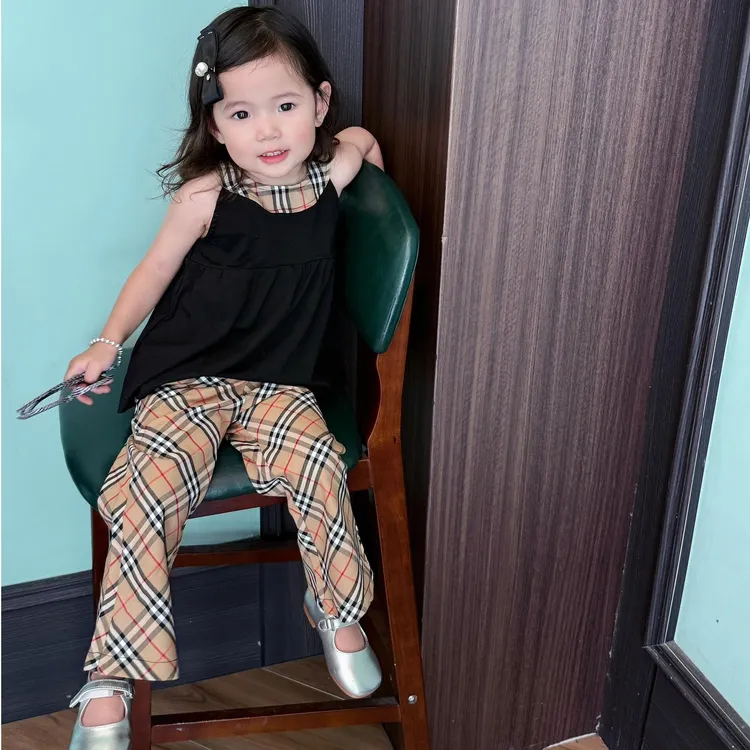 小思家女童套装2025夏季新款法式复古格子无袖挂脖背心时髦阔腿裤
