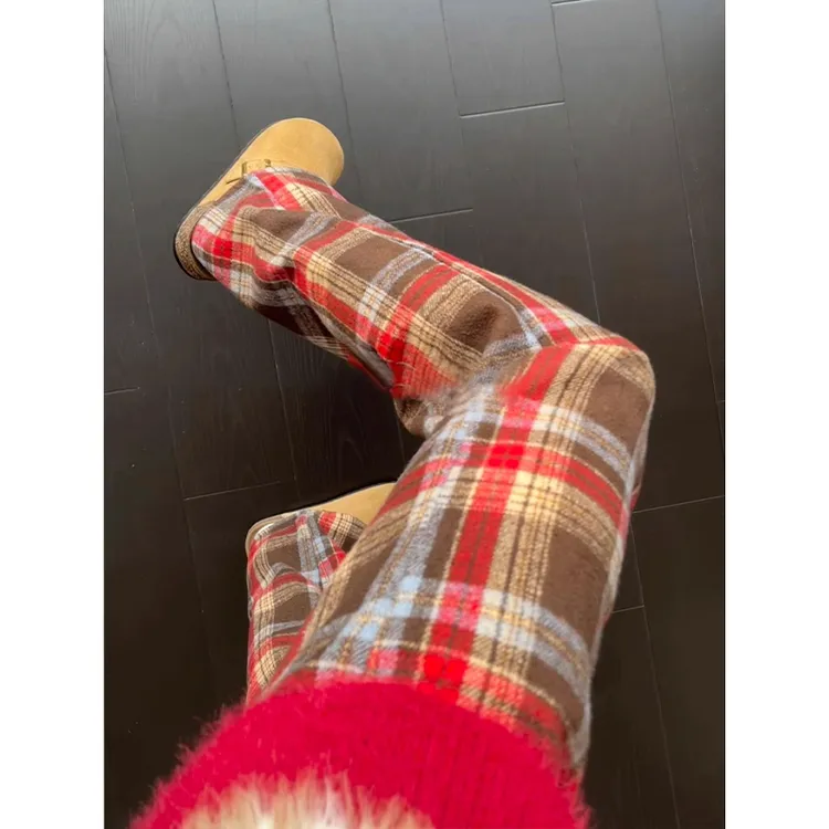 cheanfit红色毛呢格子裤男秋冬加绒加厚直筒卫裤松弛慵懒感休闲裤