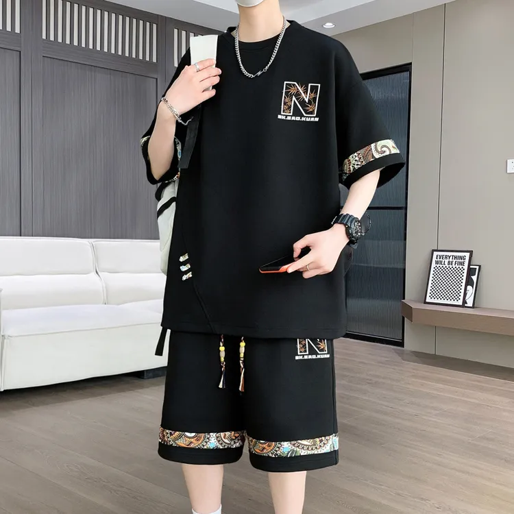 胖子大码青少年套装男夏季宽松男装运动一套衣服短袖短裤薄两件套