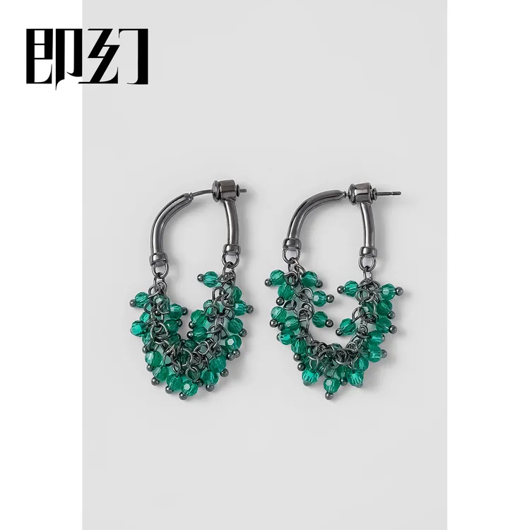 即幻 铜合金耳饰 绿色气质轻奢小流苏 连体防丢多带式耳环 8097