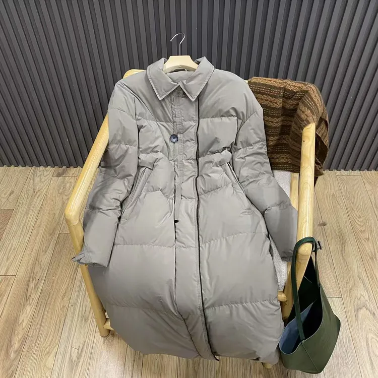 秋冬复古翻领长款简约90白鸭绒羽绒服宽松百搭保暖外套女W886