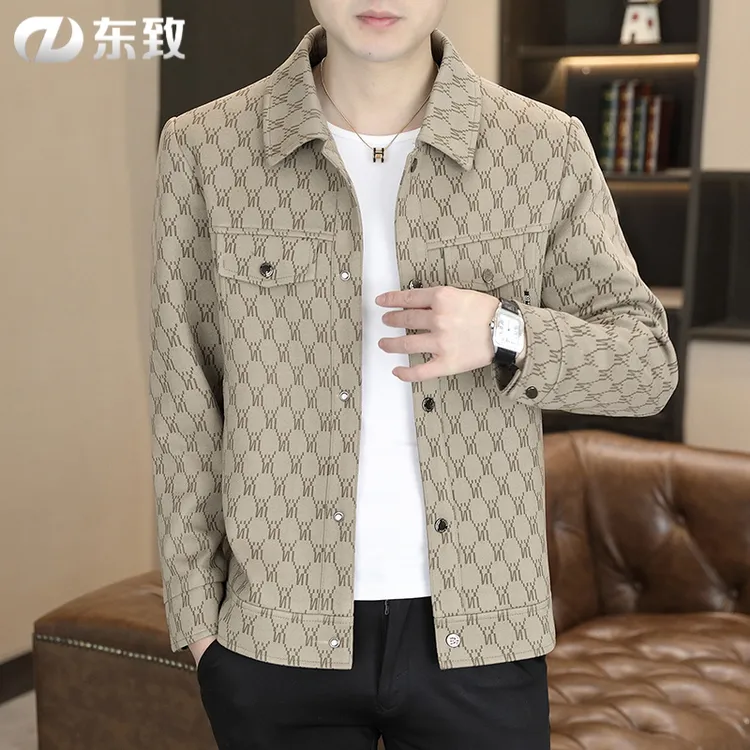 东致男士夹克2025春秋季新款工装外套潮流休闲翻领条纹呢子上衣服