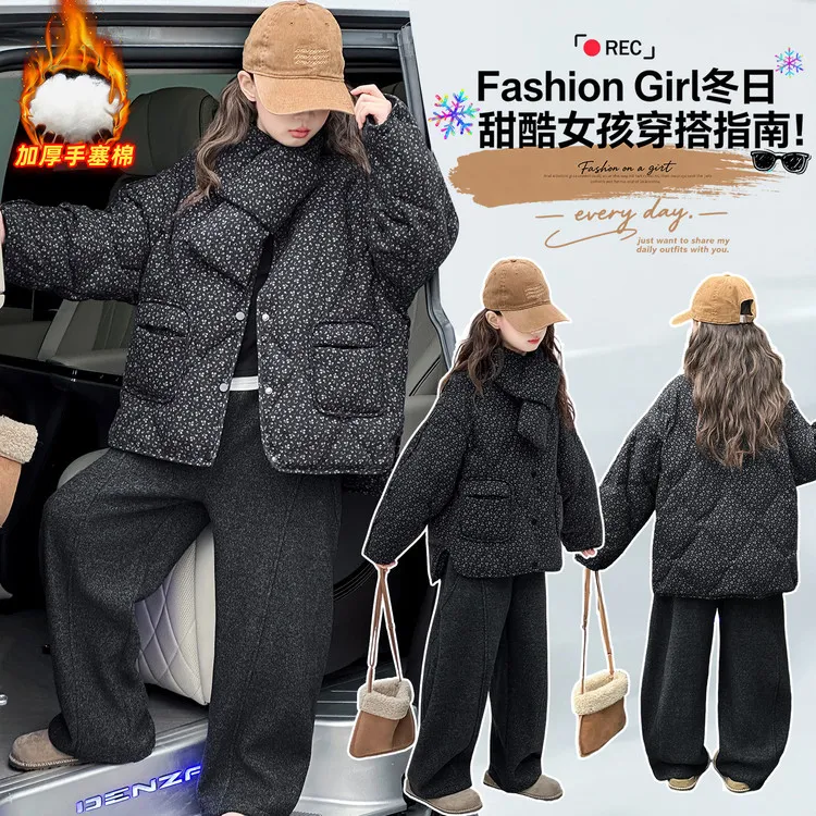 韩版童装2025冬女童洋气碎花夹棉加厚外套儿童保暖围巾领棉服棉衣