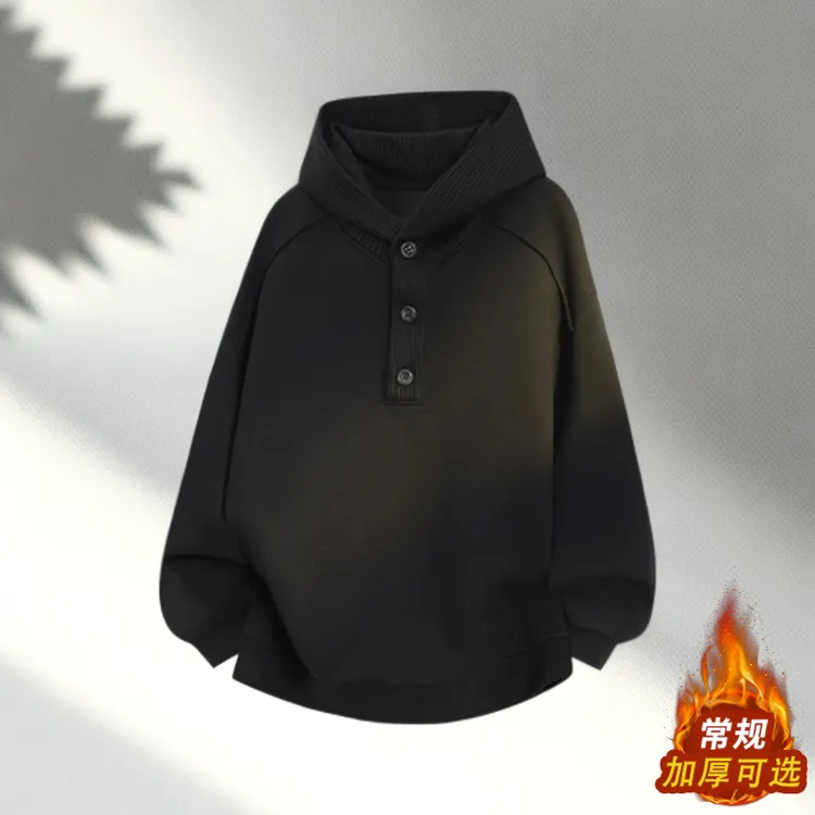 轻奢高档美式排扣卫衣男款秋冬季加绒时尚百搭慵懒风宽松连帽外套