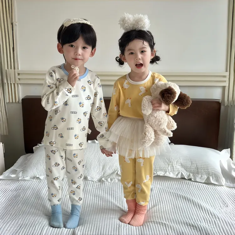 加厚收口300G儿童纯棉拉架无骨内衣套装男童女童秋衣秋裤家居套装