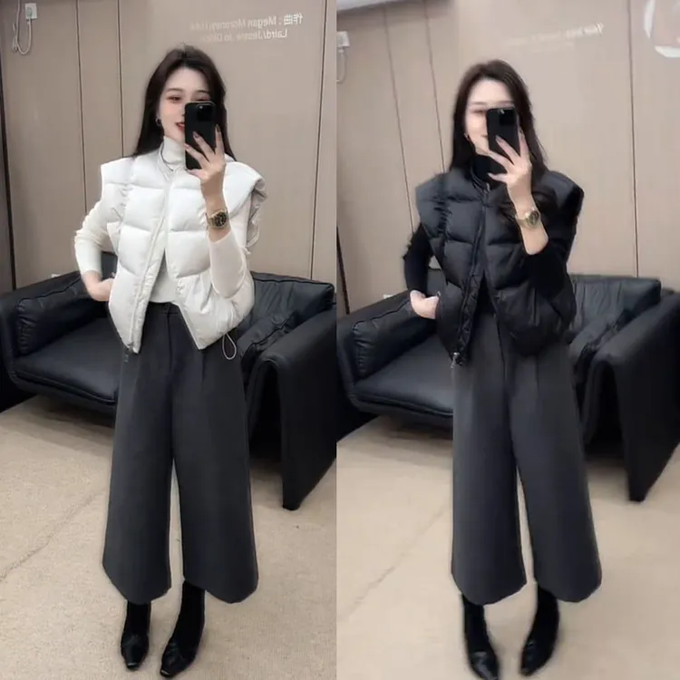 冬季保暖穿搭一整套女装2025新款高领打底衫棉服马甲阔腿裤三件套