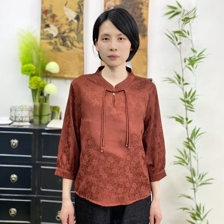 【风铃花】春夏新款立领气质衬衫宽松妈妈装绸缎民族风打底衫上衣