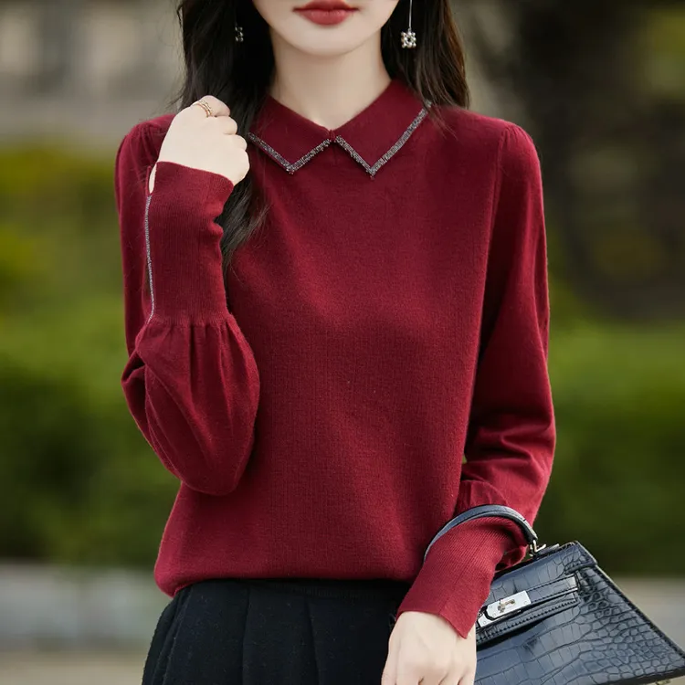 翻领秋冬长袖上衣女针织衫烫钻打底2025新款灯笼袖女装POLO领服饰
