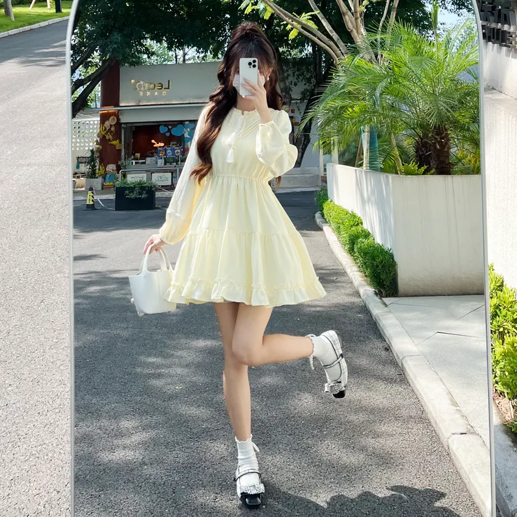 花崎鹿原创缪斯之语连衣裙法式气质收腰甜美小个子长袖短裙内搭裙