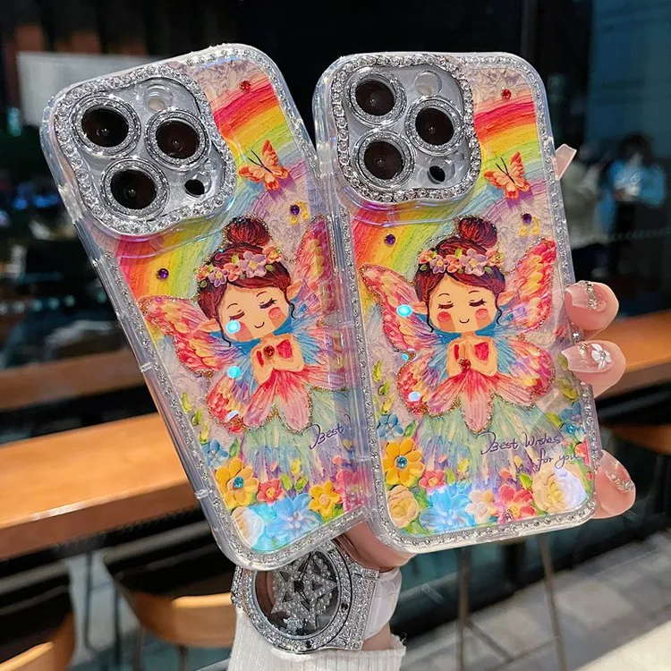 适用苹果系列iPhone16新款手机壳创意彩虹花仙扭边钻框闪钻镜头膜