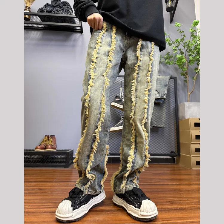 秋冬新款高端美式复古拼接毛边男士宽松直筒牛仔裤痞帅炸街潮C671