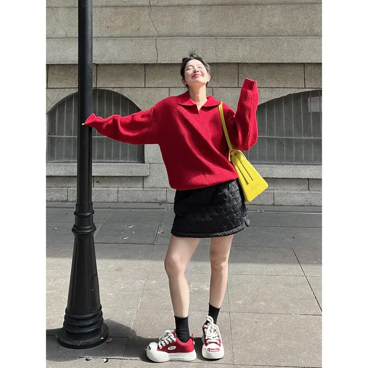 韩版红色复古翻领polo衫毛衣女秋冬款显瘦百搭宽松慵懒风针织上衣