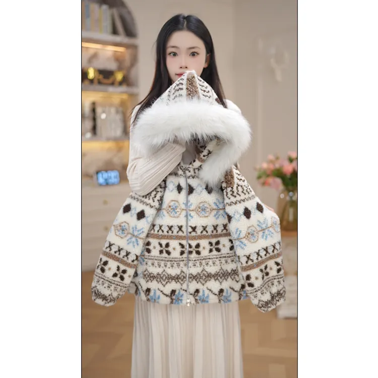 女童羔糕绒卫衣冬季连帽2025新款女孩加绒加厚费尔岛毛领外套7967