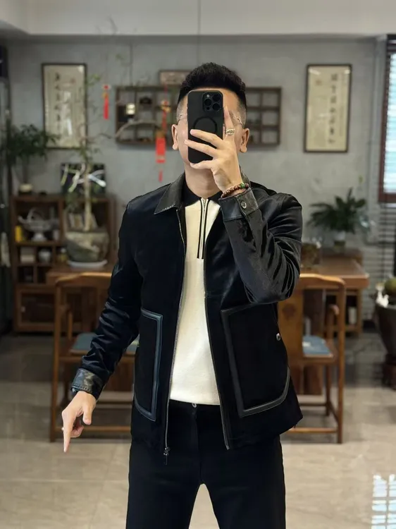 88261欧货秋季时尚百搭翻领拉链拼羊皮磁吸扣男士丝绒外套