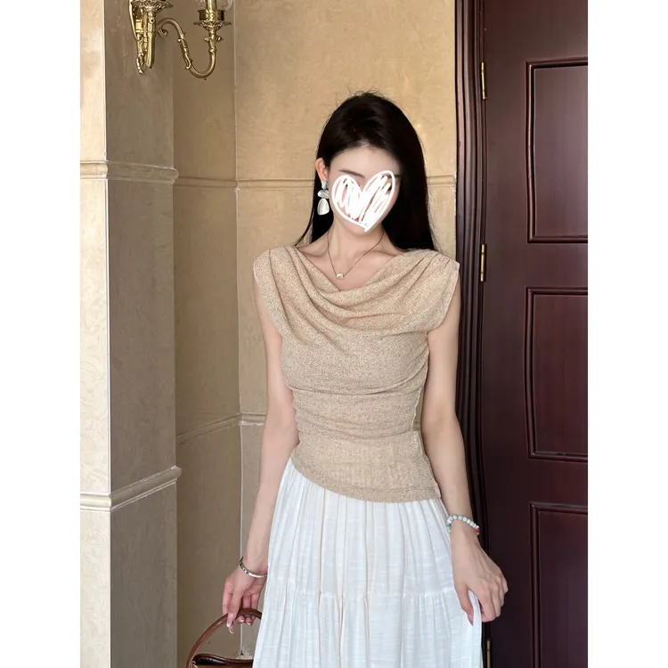 【极简主义】夏季新款纯色荡领收腰百搭上衣女设计感褶皱显瘦恤女