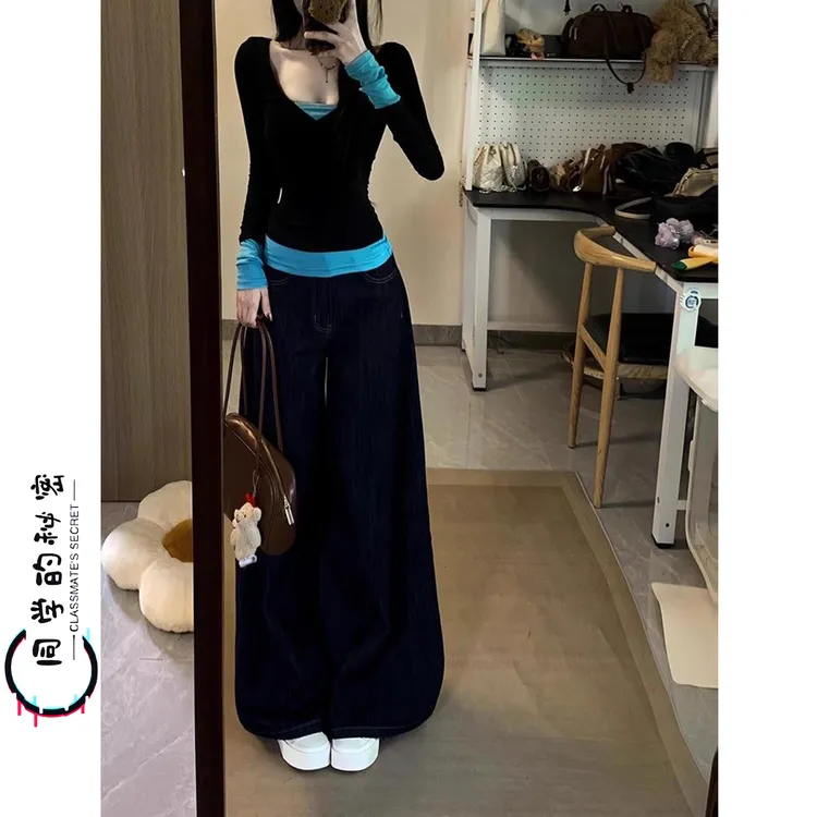 真的绝美!!【拼接假两件】美式春秋季长袖T恤女撞色修身显瘦长袖