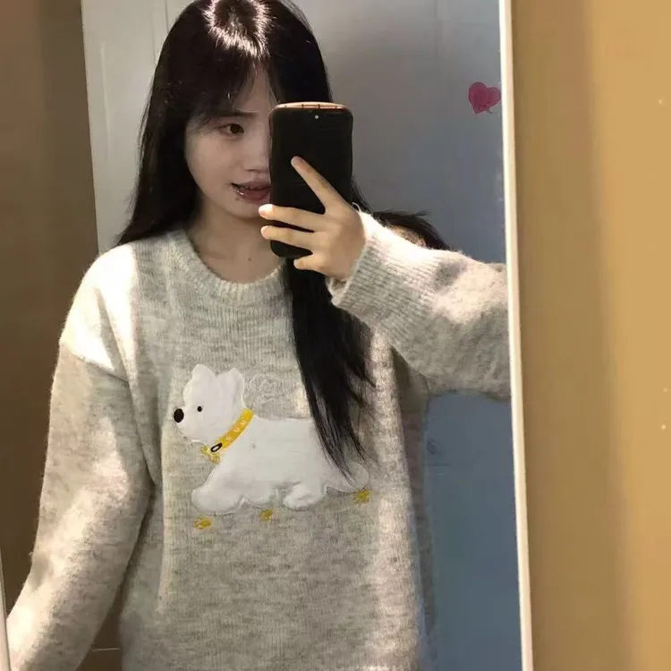 韩系慵懒风宽松毛衣女秋冬新款小狗洋气设计感套头洋气针织上衣女