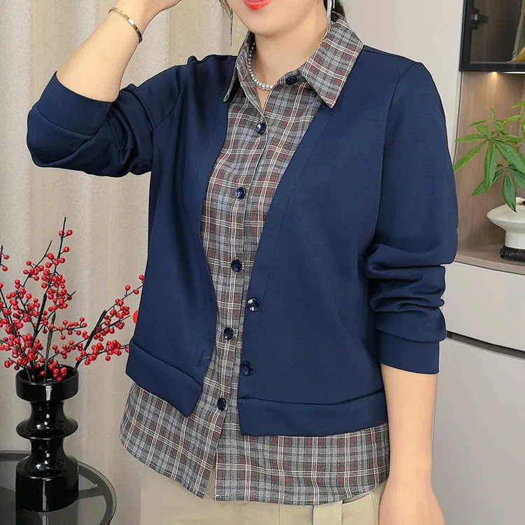 妈妈装春秋新款假两件上衣2025新款中老年女装春秋长袖T恤打底衫
