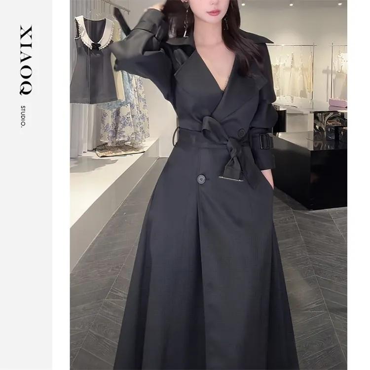 XIAOQ「大女主宣言」双排扣系带收腰超A气场黑色长风衣外套女12360