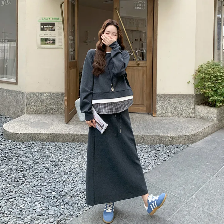 韩系ins风格纹拼接卫衣半裙套装2025春秋新款休闲运动慵懒两件套