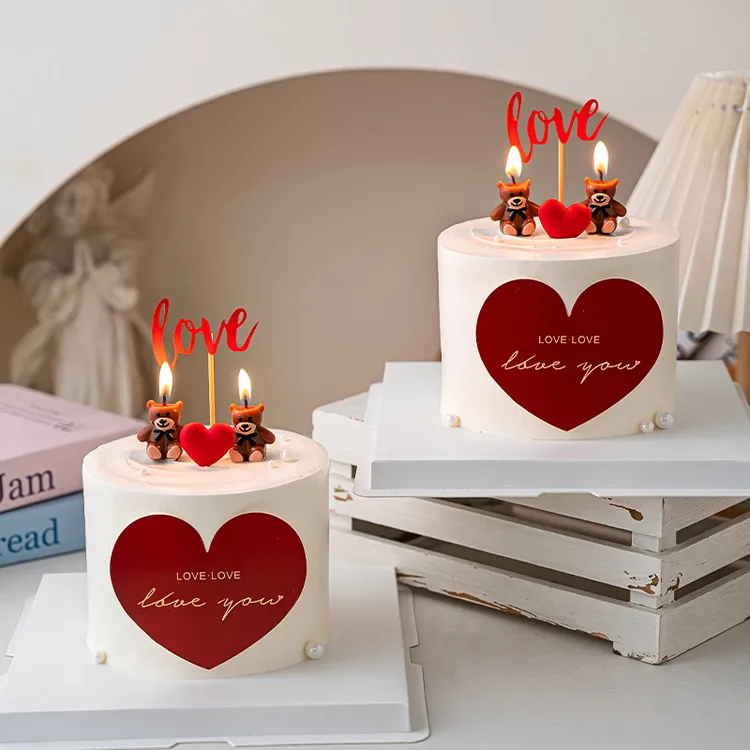 七夕情人节小熊蜡烛蛋糕装饰爱心卡片love you插件情侣表白装扮