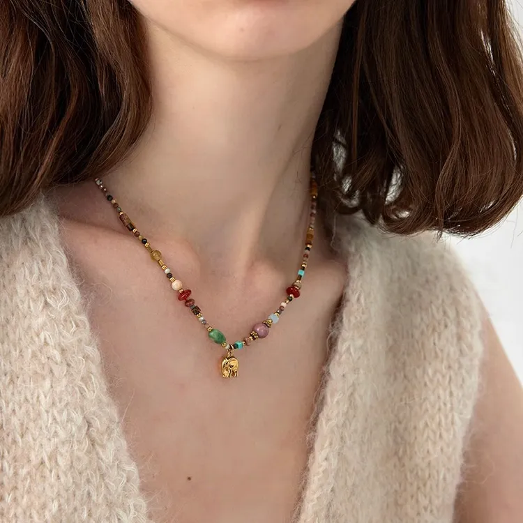 钛钢项链 复古法式多巴胺彩色串珠小象吊坠项链轻奢气质锁骨链女