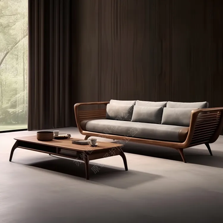 新中式北美黑胡桃木实木沙发简约现代客厅真皮直排罗汉床