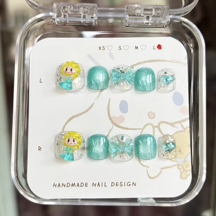 【猫眼艾莎公主】3-12岁小朋友可爱穿戴甲蓝色爱莎蝴蝶结纯手工美甲