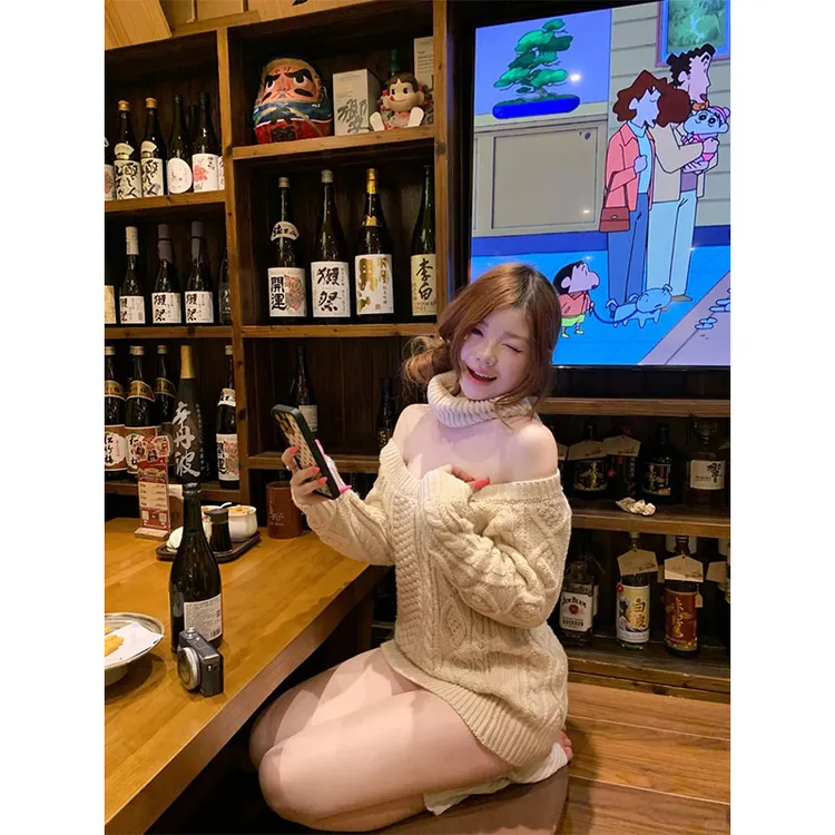 韩系气质女神2026春季新款ins针织开肩毛衣纯色宽松慵懒风上衣女