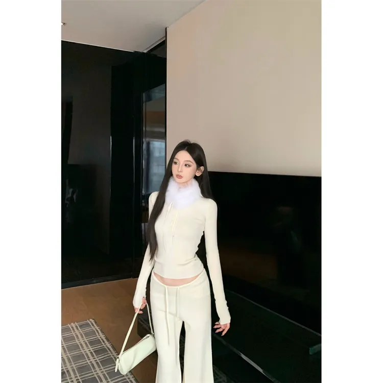 纯色坑条针织衫休闲白色修身弹力长袖上衣百搭显瘦长裤套装气质